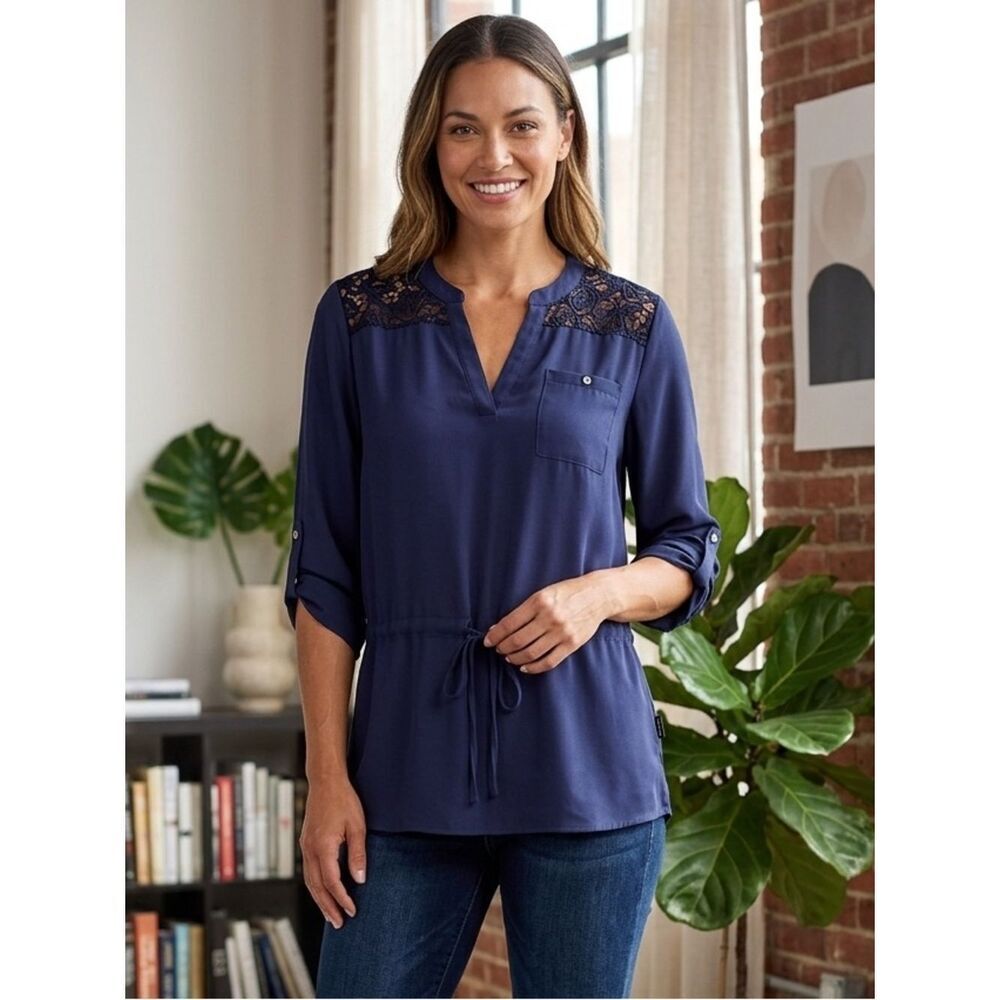 Take 50% OFF- Signature Studio Navy Lace Detail Women's Top, Size-M